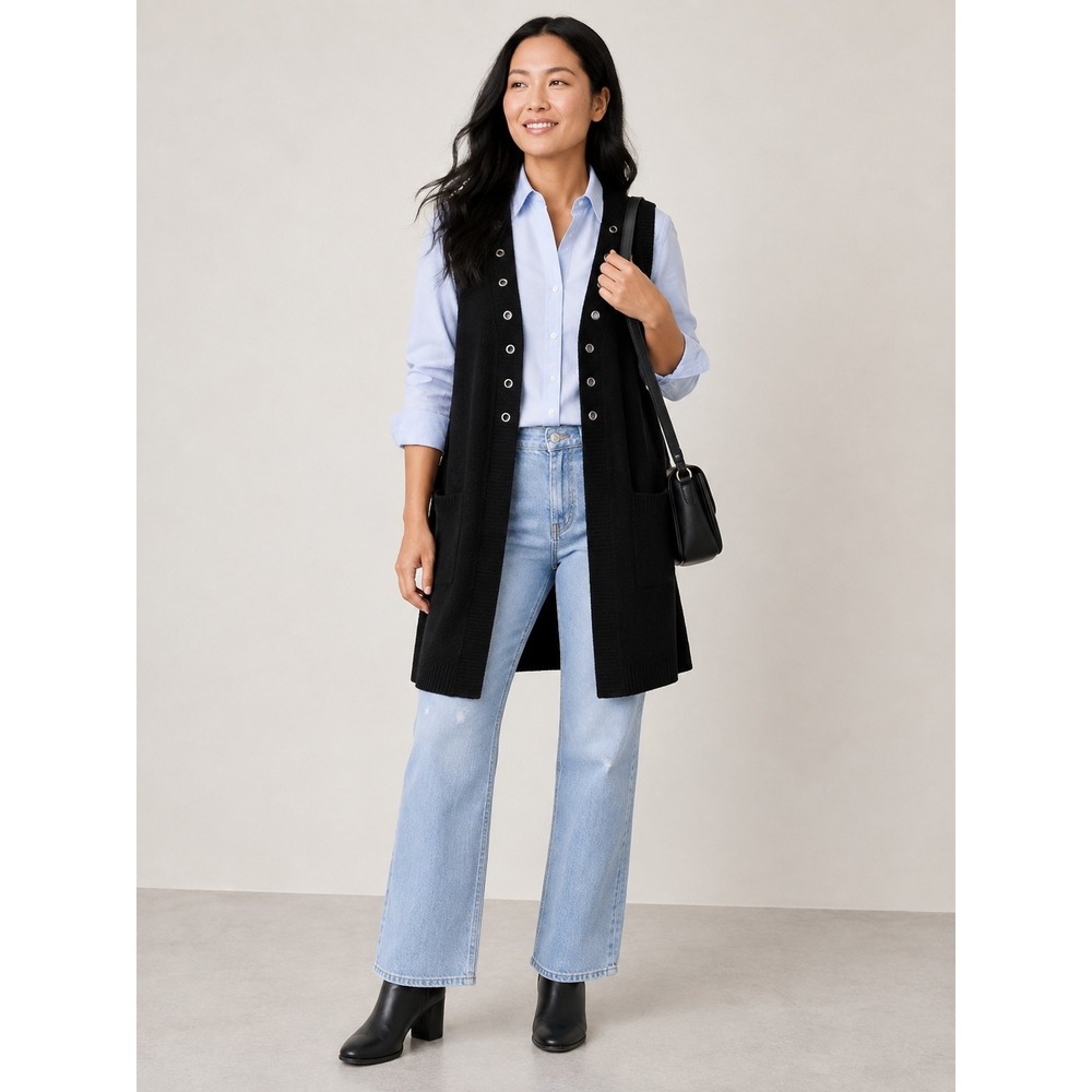 Rain + Rose Black Grommet Longline Knit Vest Open Front Cardigan L NWT